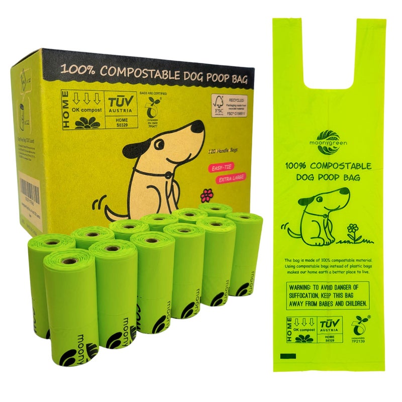 moonygreen Dog Poop Bag, Compostable Doggie Poop Bags with Handles, Easy-Tie Pet Waste Bags, Eco-Friendly, Unscented, Vegetable-Based, Extra Thick Leak Proof, for Dogs and Cat Scoops, 120 Bags - Image 1